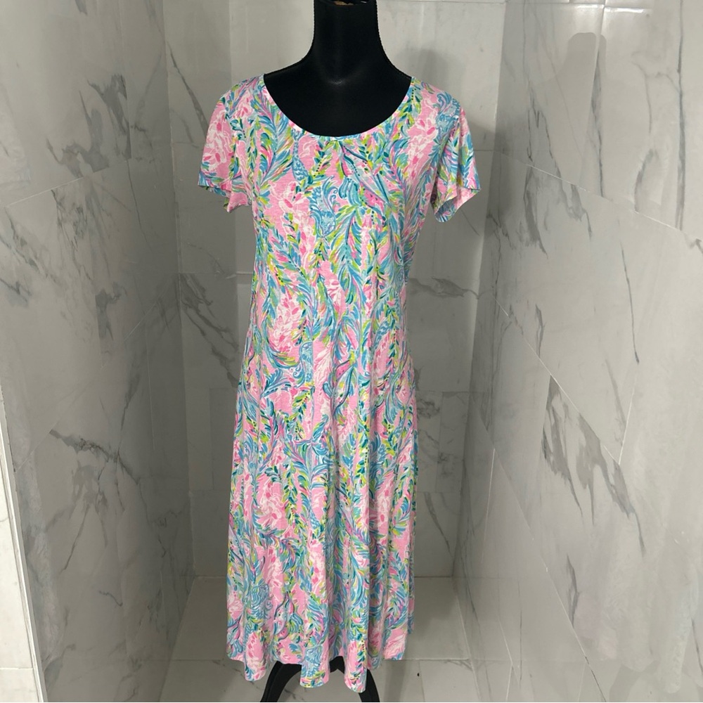 Lilly Pulitzer Pastel Pink & Blue Tropical Print Maxi Dress Sz large - Picture 6 of 11